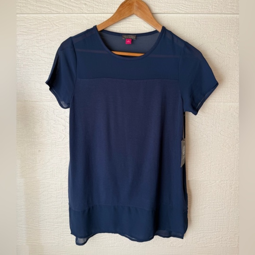 Vince Camuto Navy Mixed Media Blouse XS Sheer Trim Short Sleeve